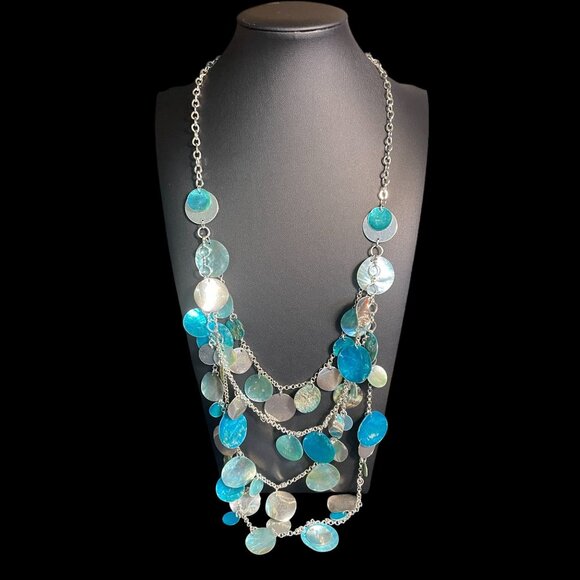 Boho Layered Shell Disc Necklace Earrings Set Blue Beachy Statement Jewelry - Picture 2 of 10